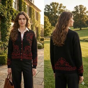 Vintage Pendleton‎ Virgin Wool Cardigan Sweater Black Red Nordic Jacquard Knit